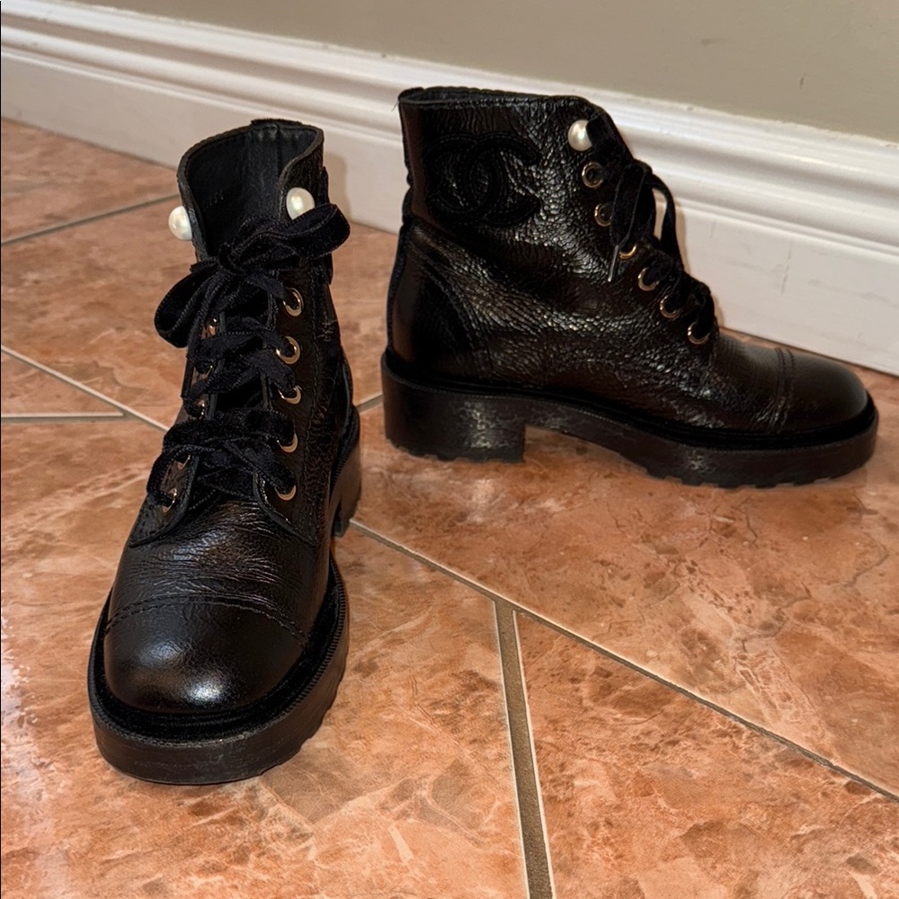 Authentic Chanel Black Leather Ankle Boots